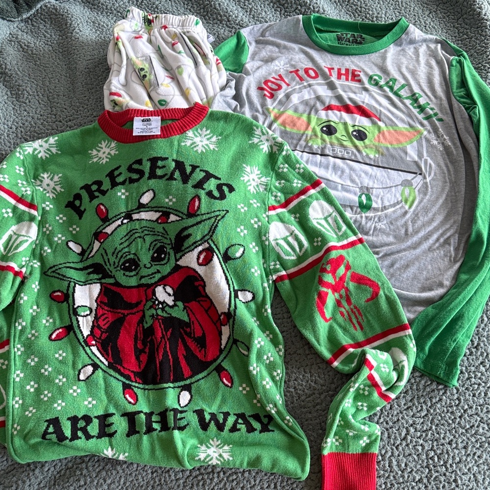 Star Wars baby yoda Christmas pjs and sweater